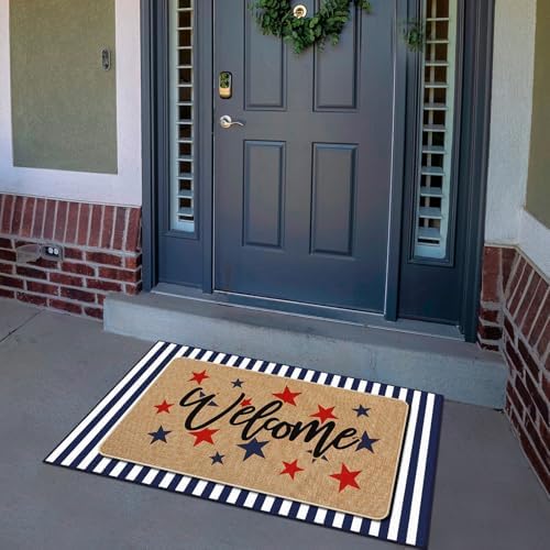 Tinideya 2 Pcs 4th of July Door Mat Outdoor Patriotic 250th Anniversary Welcome Doormat for Front Door Linen Rubber Layered USA Red White Blue Rug Nonslip Independence Day Decor for Porch Entryway - Image 3