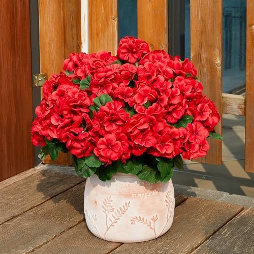 Geranium Artificial Flowers for Outdoors Spring UV Resistant Silk Geranium Red Fake Flower Outdoor Plants for Garden Home Porch Courtyard Window Box Decoration 4 Pcs - Image 4