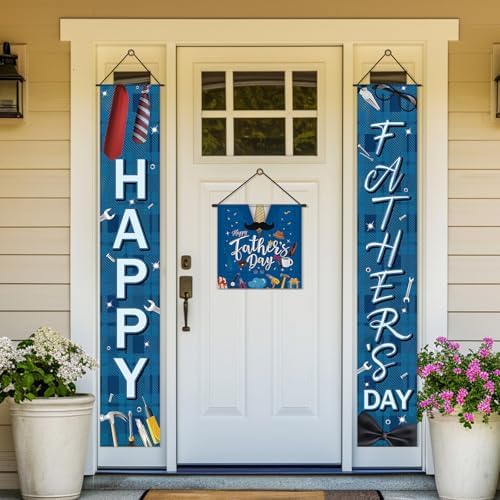 VitalCozy 3pcs Happy Father's Day Banner Blue Welcome Porch Signs Father's Day Hanging Door Banner for Indoor Outdoor Fathers Party Decoration Supplies - Image 3