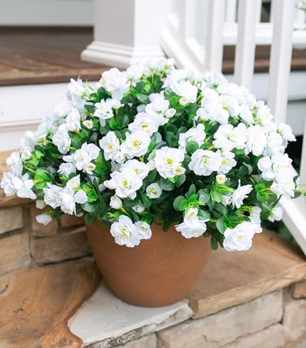 HyeFlora Artificial Fake Flowers Plants for Outdoor Outside Spring Decoration, Faux Silk White Camellia UV Resistant Realistic for Front Door Porch Planter Pot Patio Balcony, 3 Large Bundles - Image 2
