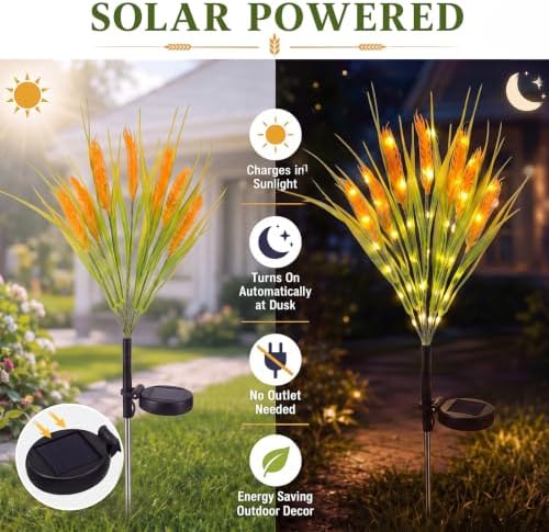Rossesay 8 Pcs Fall Solar Lights Decorative Outdoor Garden Autumn Solar Flowers Lights with 56 Realistic Wheat Ears Thanksgiving Waterproof Decor for Yard Pathway Lawn Patio Garden Outdoor - Image 3