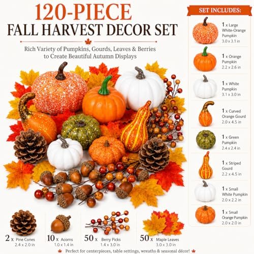 120-Piece Fall Harvest Decor Set with Artificial Mini Pumpkins and Gourds - Image 2