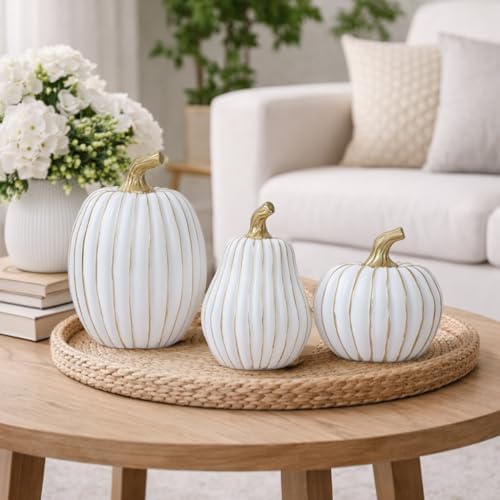Pumpkin Fall Decor Indoor Fall Pumpkin Decorations 3Pcs Pumpkins Decor Thanksgiving Table Centerpiece Artificial Pumpkins Figurines for Autumn Harvest Home Decor Shelf Accent Decorating (Platinum) - Image 4