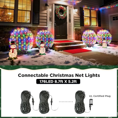 BlcTec Upgraded Christmas Lights Outdoor 176LED 8.7ft x 5.2ft Christmas Net Lights with UL Certified, 8 Modes, Timer, Connectable, Waterproof Durable Thick Wire for Bushes, Shrub Decor, Multicolor - Image 5