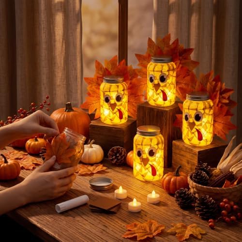 Qinyoung 12 Pcs Thanksgiving Turkey Craft Mason Jars Tissue Paper Craft with LED Candle Light Make Your Own Turkey Mason Jars Decoration for Fall Harvest Thanksgiving Party Fun Home Actives - Image 3