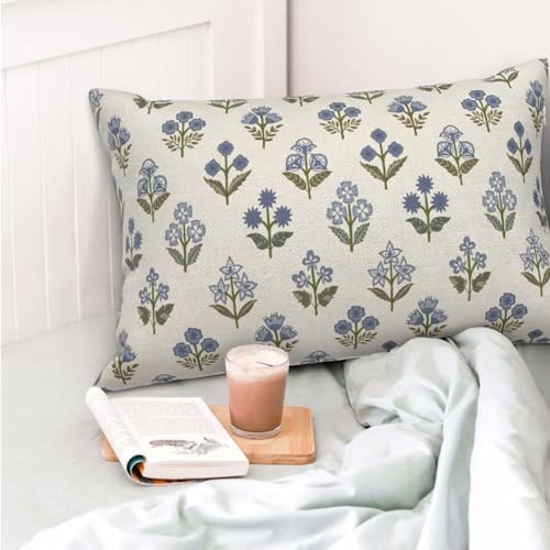 Blue Green Pillow Covers 12x20 Inch 2 Pcs Block Print Vintage Floral Decor Throw Pillows Boho Flower Spring Summer Outdoor Seasonal Decoration Pillowcase Linen Cushion Cover for Couch Sofa - Image 2