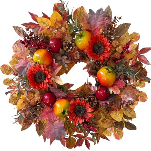 HipTree Handcrafted 24In Fall Wreath Sunflower Pomegranate Front Door Decor by HipTree
