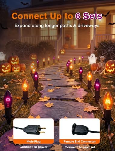 C9 Outdoor Halloween Pathway Lights - 19.5Ft Orange & Black Bulbs with 10 Stakes, Connectable Waterproof Markers for Yard, Lawn & Garden Decor - Image 4
