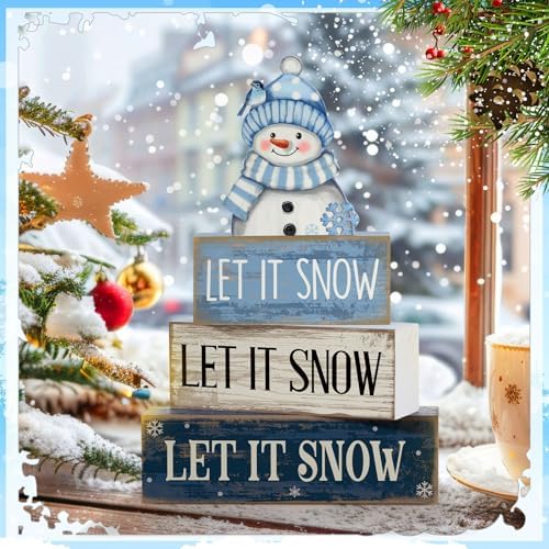 Lineshading 4 Pcs Wooden Snowman Table Decoration, Let It Snow Signs - Image 5
