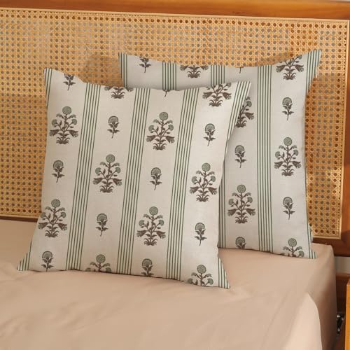 Sage Green Brown Pillow Covers 18x18 Inch Set of 2 Vintage Block Print Floral Throw Pillows Striped Flower Boho Decorative Pillow Cases Linen Outdoor Accent Linen Cushion Cover for Couch Sofa Bed - Image 3