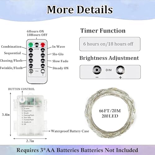 2 Pack Fairy Lights Battery Operated with Remote 66FT 200 LED Cool White - Image 7