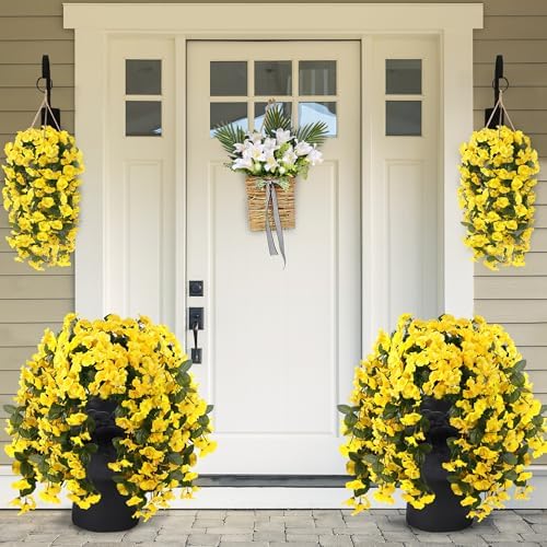Sggvecsy Artificial Fake Hanging Flowers Plants for Outdoor Outside Spring Summer Decoration 4PCS Faux Silk UV Resistant Realistic Morning Glory Trailing Vines for Home Porch Patio Balcony(Yellow) - Image 3