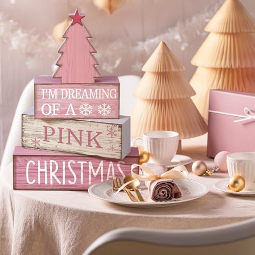 Lineshading 4 Pcs Wooden Christmas Decor Pink Tree Signs Tiered Tray - Image 5