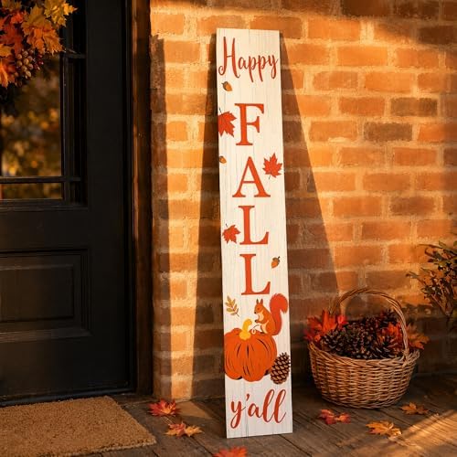 Happy Fall Y'all Vertical Standing Porch Sign - Farmhouse Fall Welcome Decor, Autumn Thanksgiving Decorative Wooden Sign with Pumpkin, Squirrel & Maple Leaves, Rustic Fall Home Decor for Front Porch by DOUSUI