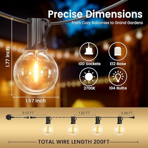 Outdoor String Lights 200FT,G40 100+4 Bulbs String Lights for Outside - 2700K Warm White, 25000H Long Life, IP45 Waterproof & Shatterproof, Mains Powered Garden Lights for Gazebo/Patio - Image 6
