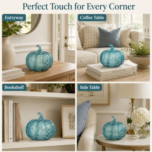Aqua Blue Crackle Glass Pumpkin Light with Timer, 5.5 Inch - Image 6