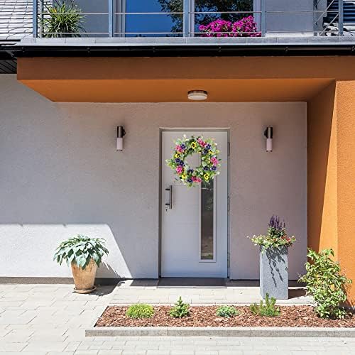 Artificial Spring Summer Wreath with Pansy Flowers,Flocked Lamb Ear Leaves,Eucalyptus Leaves,Fern Branches for Front Door Indoor Outdoor Farmhouse Wall Holiday Decor, White Gift Box Included - Image 3