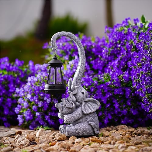 Pohabery Elephant Outdoor Statues with Cute Baby Garden Decor, Resin Elephant Figurines with Solar Lantern Outdoor Decoration Gifts for Mothers Day, Birthday Day - Image 5
