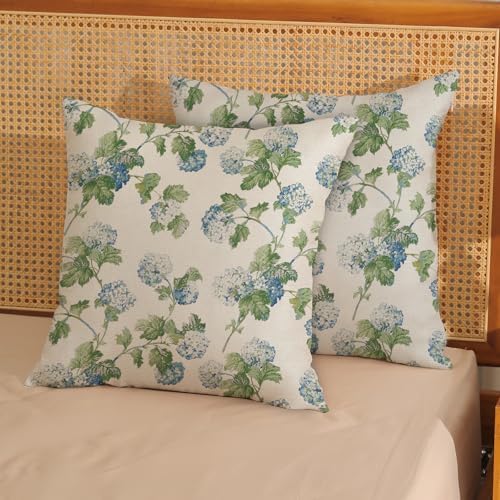 Blue Green Floral Pillow Covers 16x16 Inch 2 Pcs Vintage Flower Decor Throw Pillows Hydrangea Seasonal Spring Summer Outdoor Farmhouse Decoration Pillowcase Linen Cushion Cover for Couch Sofa Bed - Image 2
