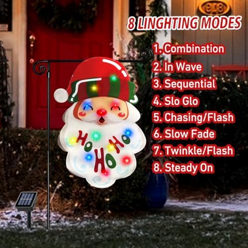 3D Lighted Christmas Garden Flag, Solar Powered LED Outdoor Santa Claus Winter Holiday Yard Flag, Double Side HoHoHo Xmas Flag for Patio Lawn, Home Porch 12×18 Inch - Image 2