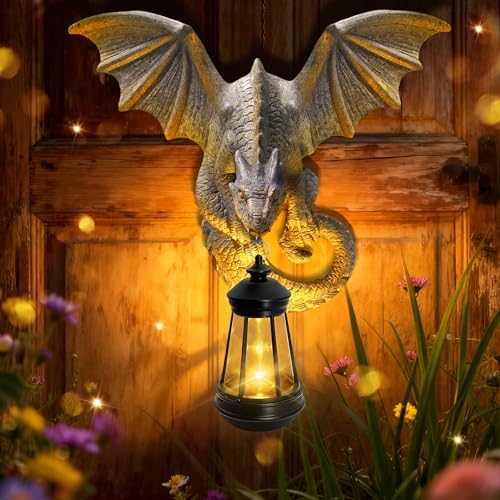 Solar Dragon Tree Hugger Garden Statue, Wall Hanger Dragon Figurine Decor by yulloyello
