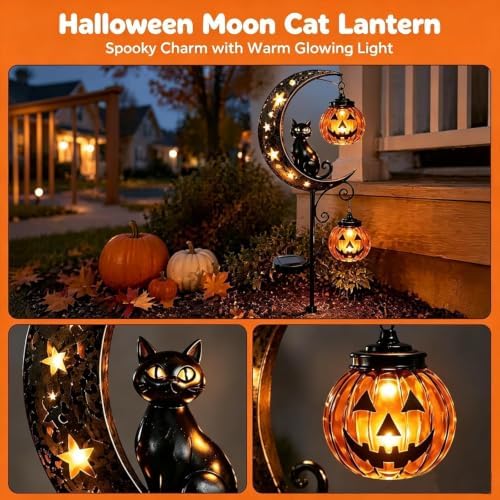 Solar Halloween Black Cat Garden Stake Light – Metal Crescent Moon & Pumpkin Lantern Yard Decor, Auto On/Off Waterproof LED Landscape Lighting for Patio Lawn Pathway (A) - Image 6