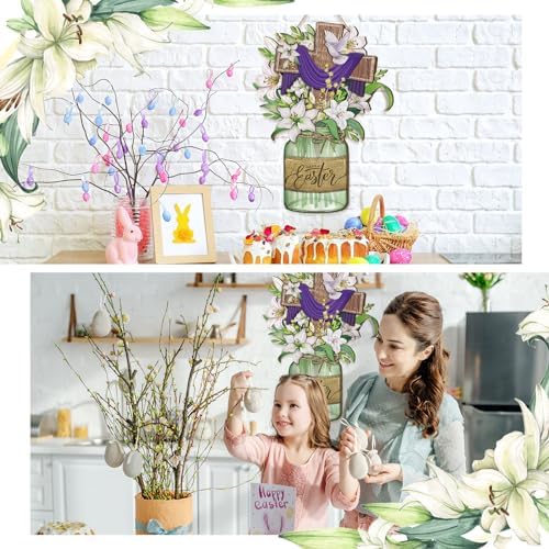 Boao Happy Easter Door Sign Plaque Easter Cross Wooden Hanging he is risen Door Sign Decorations Indoor Floral Spring Wall Hanger for Spring Party Indoor Outdoor Home - Image 5