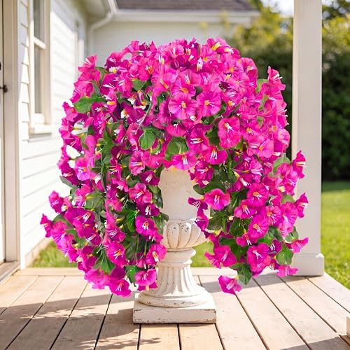Sggvecsy Artificial Fake Hanging Flowers Plants for Outdoor Outside Spring Summer Decoration 4PCS Faux Silk UV Resistant Realistic Morning Glory Trailing Vines for Home Porch Patio Balcony(Purple red) by Sggvecsy