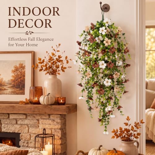 6 Pcs Fall Artificial Hanging Flowers Outdoor, Cream - Image 4