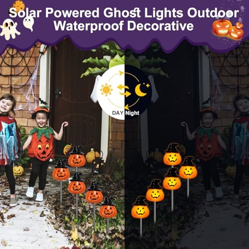 BRIGHTDECK Halloween Pumpkin Stake Lights, Set of 10 Solar Pumpkin Lights, Waterproof Halloween Decorations for Outdoor Garden and Yard (Hat Pumpkin) - Image 5