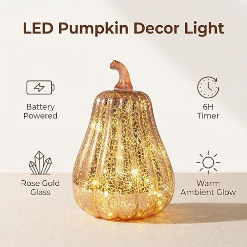 Fall Decorations for Home,Mercury Glass Pumpkin Lights with Timer(Rosegold) - Image 2
