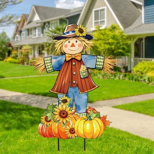 JarThenaAMCS 33" H Fall Large Scarecrow Metal Garden Stakes Rustic Pumpkin Pile Scarecrow Decorative Lawn Sign for Autumn Thanksgiving Home Outside Lawn Porch Decor by JarThenaAMCS