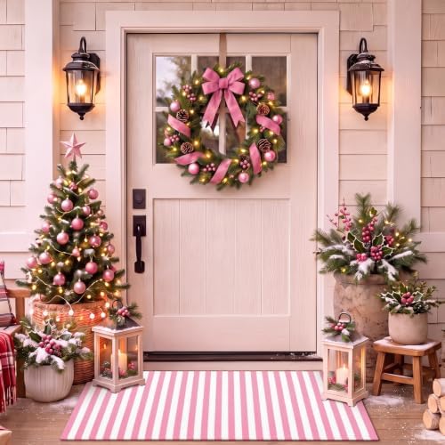 Moucuny Christmas Pink and White Vertical Stripe Outdoor Rug 2'4'' X 3'7'' - Image 6