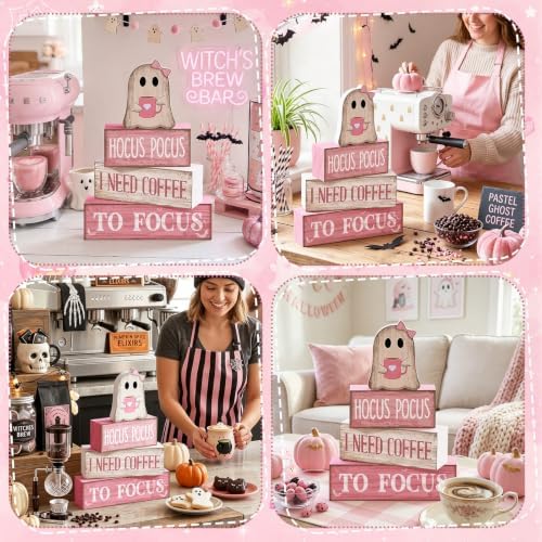 Moucuny 4 Pcs Pink Halloween Table Decor Ghost Wooden Stacked Block Decor - Image 6