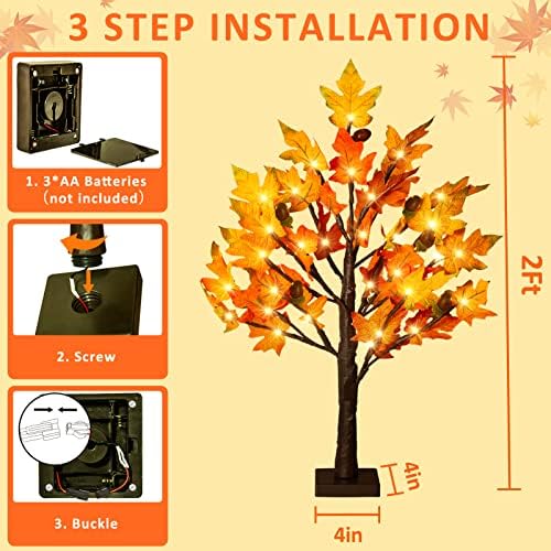 2Pack Fall Lighted Maple Tree - 2FT 36 LED Thanksgiving Decor Artificial Fall Lights, Battery Operated Tabletop Lamp with 6 Acorns, 6-Hours Timer, for Wedding Party Indoor Outdoor Autumn Decor… - Image 7