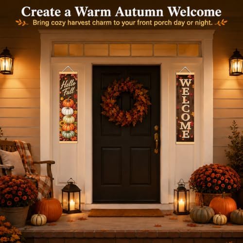 Rustic Woodgrain Door Banner Set of 2, Hello Fall Pumpkin Porch Decor - Image 6