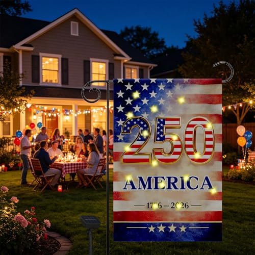 12 x 18 Inch 4th of July Garden Flag, Lighted 250th Anniversary Patriotic Yard Flag with Solar LED Lights, Double Sided Red White Blue Outdoor Decorations for Lawn Porch Garden - Image 5