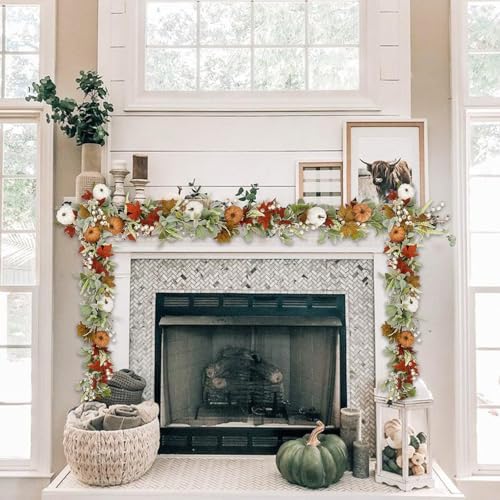 Autumn Wreaths Lambs Ears Leaves Maple Leaf Pumpkin Garland 70inches Artificial Fall Garland Decorated on The Walls of The Living Room Hallway Thanksgiving Harvest Gathering Celebration Decor - Image 7