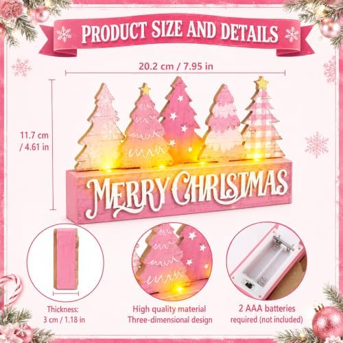 Chunful Lighted Pink Farmhouse Wooden Christmas Tree Tabletop Sign - Image 3