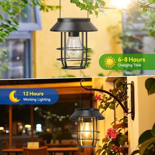 2 Pack Solar Lanterns Outdoor Waterproof, Metal Hanging Lantern, Black - Image 2