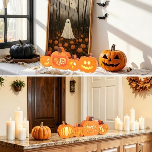 Fangoo Fall Wooden Pumpkin Table Night Light Halloween Decorations Double Side Fall Pumpkin Tabletop Centerpiece Decor for Harvest Thanksgiving Tiered Tray Mantle Desk Holiday Party Decorations - Image 5