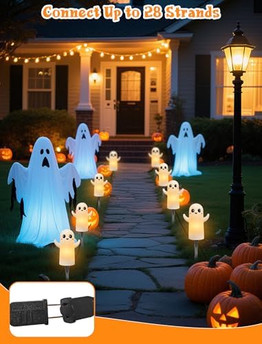 Oviejo 4 Pack Halloween Ghost Pathway Lights, 7FT LED Stake Lights Plug in - Image 7