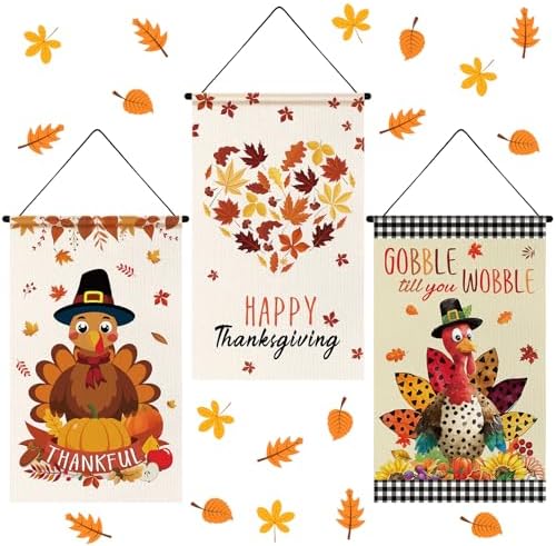 Tegeme 3 Pcs Fall Door Sign Flag Thanksgiving Turkey Door Hanging Banner by Tegeme