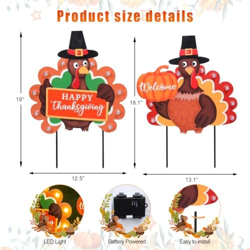 MUMTOP Thanksgiving Turkey Metal Garden Deocr Stake with LED Light Set of 2 - Image 2