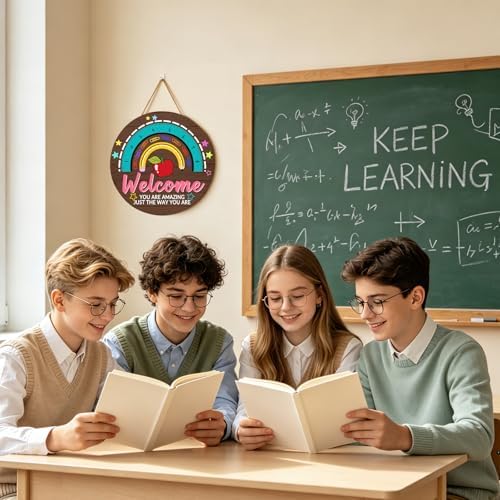 Classroom Teacher Door Sign Classroom Signs 12x12in Welcome Classroom Door Sign Teacher Wreath for Classroom Rainbow Hanging Plaque You are Amazing Welcome Poster for School Classroom Bulletin Board - Image 3