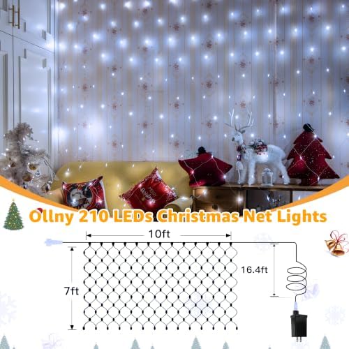 Ollny Net Lights Outdoor Mesh Lights IP67 Waterproof, 210LED 10x7ft Cool White Christmas Net Lights, Connectable Remote 8 Modes Tree Light for Bushes Shrubs Lawn Indoor Decorations - Image 3