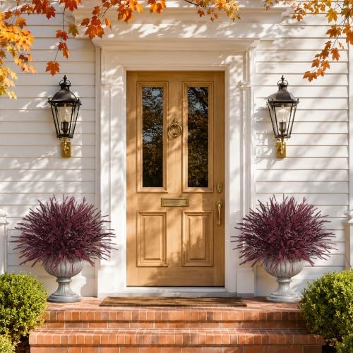 Artificial Faux Outdoor Plants for Fall Autumn Decor, 10 Bundles Burgundy Fake Plastic Grass UV Resistant Look Real Fake Plants for Planter Outside Front Door Porch Patio Balcony Garden Indoor Yard - Image 2