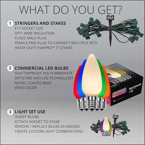 Wintergreen Lighting 100’ OptiCore LED Multicolor Smooth/Opaque Christmas Pathway Lights, C9 Outdoor Driveway Lights, 4.5” Stakes, Green Wire Plug String Lights - Image 6