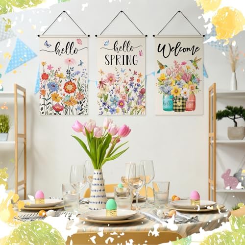 Tegeme 3 Pcs Hello Spring Door Sign Flag Spring Flower Door Banner Holiday Welcome Flag Wall Hanging Decoration for Party Holiday Outdoor Indoor Home - Image 5