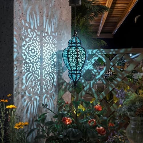 Moroccan Hanging Solar Lights Outdoor Lantern Bidirectional Availabili Garden Decor Waterproof Plastic Blue Decorations for Patio Pathway Yard Backyard Solar Powered Garden Decorative (Black, 2) - Image 2
